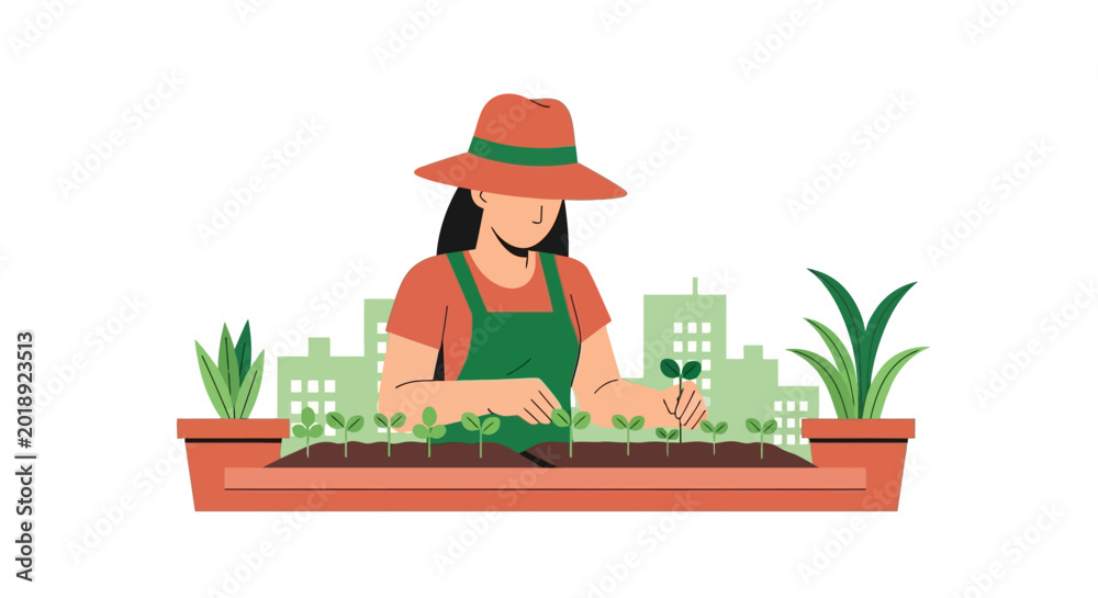 Obraz premium Urban Gardening Concept: Flat Vector Illustration of a Woman Planting Seedlings in a Planter Box with City Buildings. Eco-friendly Sustainability and Urban Farming Illustration.