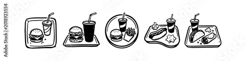 Εκτύπωση καμβά Set of hand-drawn fast food combo icons featuring burgers, hot dogs, tacos, burritos, fries, and sodas on trays