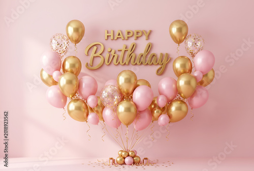 Happy birthday message, pink gold balloons, festive celebration, party decor, gift boxes, confetti.