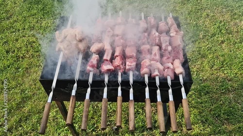 Smoking pork kebab and chicken grilling on barbecue