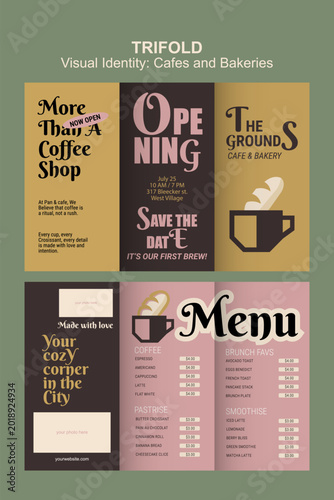 Modern Trifold Menu Brochure Template for Café and Bakery Branding Identity Design