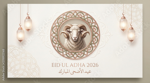 Professional Eid al-Adha 2026 greeting banner featuring an artistic camel illustration, elegant Arabic calligraphy, and traditional crescent moons.
