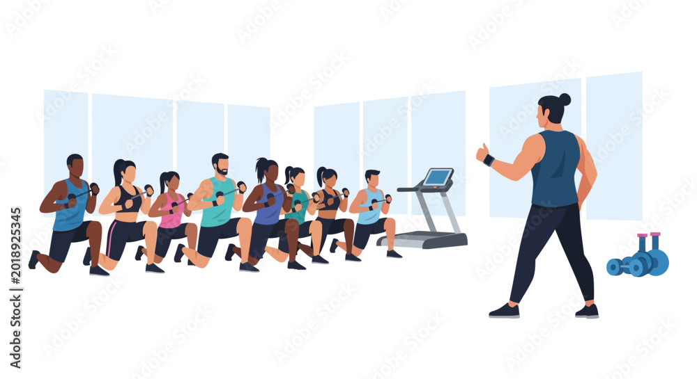 Fototapeta premium Group Fitness Class with Personal Trainer Leading Diverse People Doing Lunges Workout with Weights in Gym Flat Vector Illustration