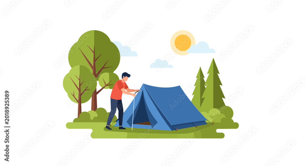 Obraz premium Man Pitching a Blue Tent in a Forest Flat Vector Illustration. Outdoor Camping Adventure and Summer Vacation Scene with Green Trees and Sun Isolated on White.