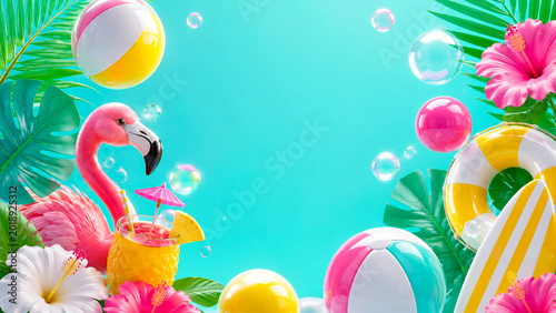 Colorful tropical summer pool scene with inflatable toys, flowers, bubbles and copy space.