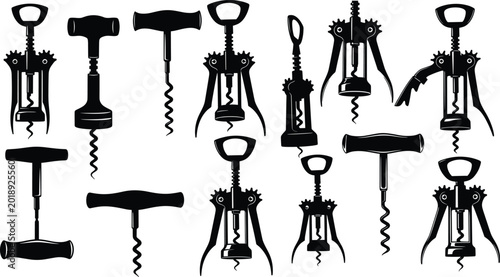 Fotografie Corkscrew and wine opener silhouettes, bottle opener tools collection, manual co