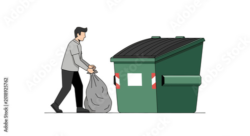 Man Carrying Trash Bag to Large Green Dumpster Illustration for Waste Management and Sanitation Services