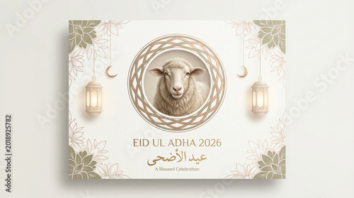 Professional Eid al-Adha 2026 greeting banner featuring an artistic camel illustration, elegant Arabic calligraphy, and traditional crescent moons.
