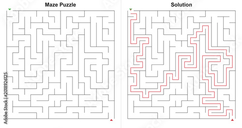 Schilderij op canvas Maze Puzzle with Solution - Medium Difficulty Labyrinth Activity Sheet