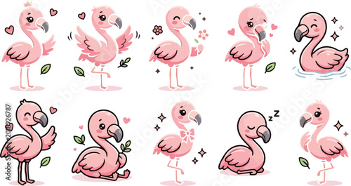 Fotografija Collection of sweet baby flamingo illustrations in various emotive poses with flowers hearts and decorative leaves art