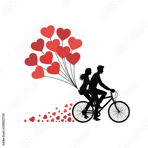 Couple Riding Bicycle Heart Balloon Love Illustration