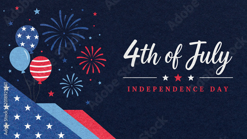 4th of July Independence Day greeting card with dark blue textured paper background, red fireworks and balloons with calligraphy