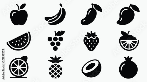 Set of black fruit icons simple flat vector design for healthy food 