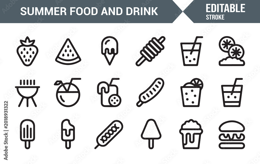 Fototapeta premium Food and Drink Outline Icon Pack for Summer Party Picnic and Restaurant