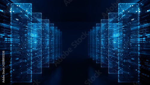 Futuristic artificial intelligence background with glowing blue circuit boards and transparent digital structures