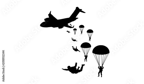 Fotografía Airborne military soldiers parachuting from cargo airplane silhouette vector ill