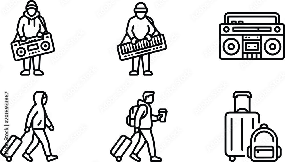 Fototapeta premium Professional Musician and Traveler Vector Icon Set with Boombox Keyboard and Luggage