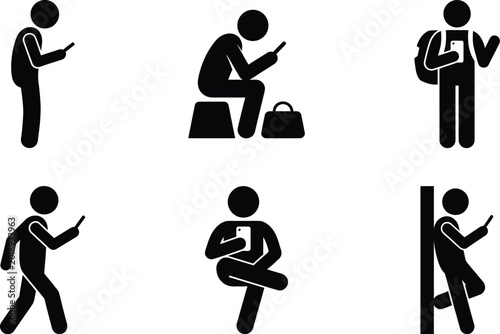 Schilderij op canvas People Using Mobile Phone and Smartphone Technology Stick Figure Vector Icon Set