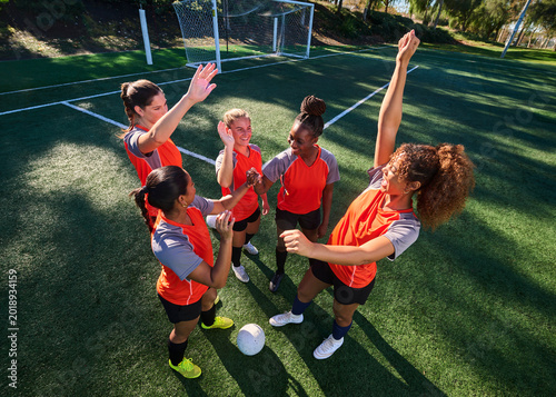 Female Soccer Athletes Celebrating Teamwork and Fitness