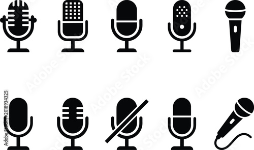 Fotografi Microphone icon set featuring retro studio podcast and vocal mic symbols for recording broadcasting and audio communication designs