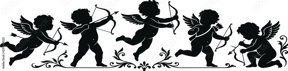 Fototapeta premium Set of flying cupid silhouettes with bows and arrows on floral ornament for romantic Valentines Day designs.