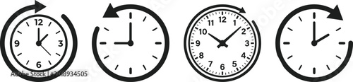Photos Set of clock icons with circular arrows representing time passage history updates and management for business schedule designs