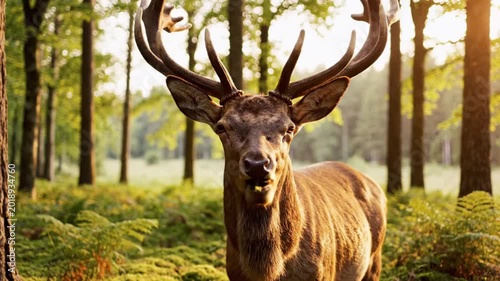 Majestic Deer with Large Antlers in a Sun-Dappled Forest
