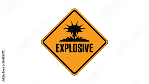 Fotografi Yellow diamond shaped explosive hazard warning symbol with black text and starbu