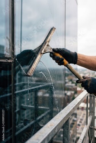 Glass facade being cleaned with a squeegee by gloved hands for facility management, high-rise building maintenance and commercial window cleaning service campaigns