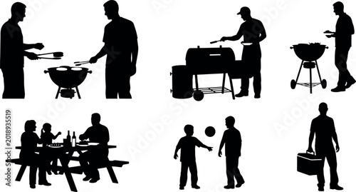 Bild auf Leinwand Silhouette illustrations of people enjoying outdoor barbecue and picnic