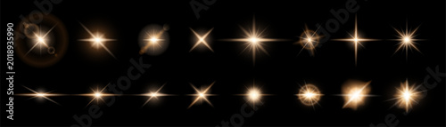 Realistic lens flare light overlay cosmic effect set. Transparent sunlight special effects on black space background. Vector sun rays flash, yellow glow star burst, warm shiny sun glare collection