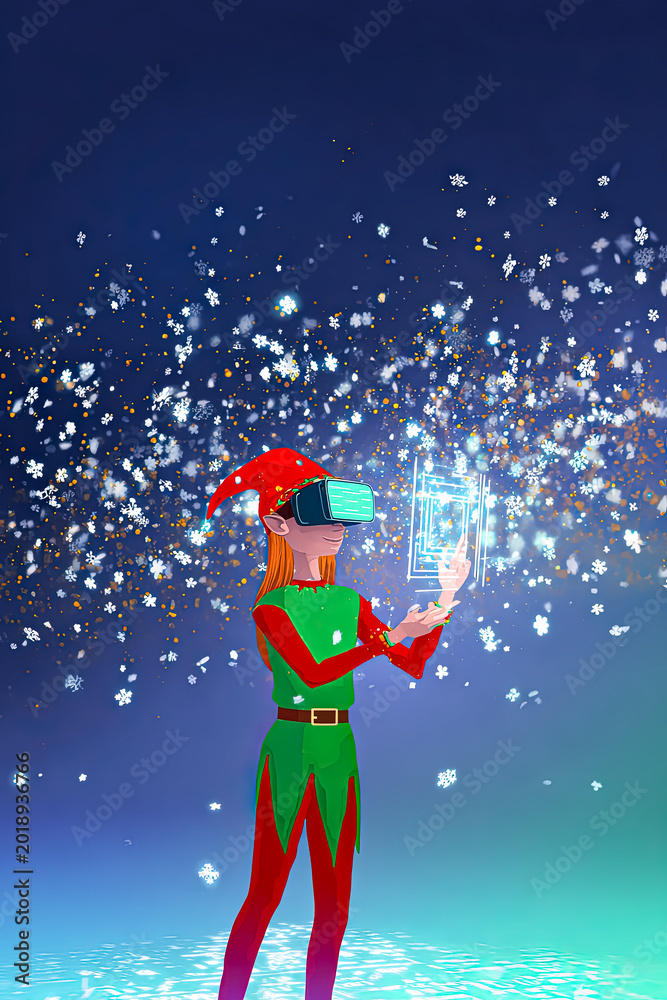 Naklejka premium Christmas Elf Wearing VR Headset in Virtual Winter Wonderland