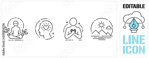 Editable line icon set in a black simple and clean vector customisable outline stroke for mindfulness meditation, emotional balance, self love heart, mental health awareness, peaceful nature landscape