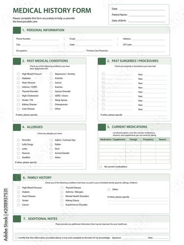 Medical history form template with structured patient intake sections, checkboxes, medications, allergies, and family records. Ideal for clinics, hospitals, wellness offices, insurance use.