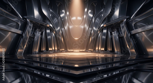 Night subway station in Moscow with modern industrial design and glowing lights