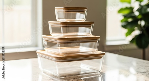 Stack Of Glass Food Storage Containers With Wooden Lids On Kitchen Countertop Home Interior For Fresh Preservation Organization In Natural Light 199 Characters