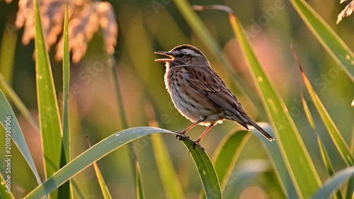 Small birds perched on bright green reeds, chirping in the soft light of the rising sun at dusk.