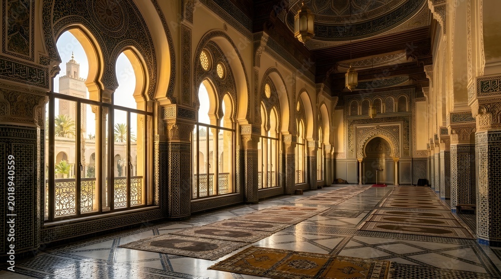Obraz premium ancient mosque, stone mosque, blue hour, ivy covered wall, rain puddle, crescent moon reflection, wet cobblestone, no people, islamic architecture, historic mosque, stone masonry, aged stone, minaret,