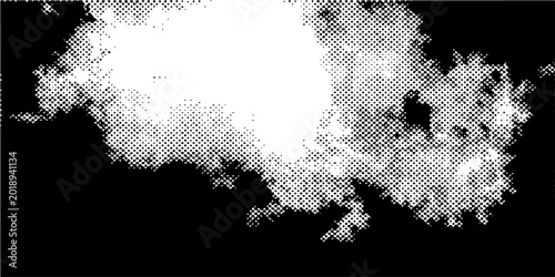 Schilderij op canvas Vector Abstract cloud formation rendered in a halftone dot pattern, evoking a sense of atmospheric texture and digital artistry against a black background
