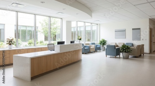 Modern medical office reception area with curved wooden desk and comfortable seating in a bright, spacious waiting room