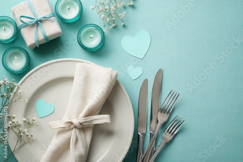 Turquoise Heart Mother's Day flat lay: table setting with plate, napkin, gift box, candles, gypsophila and paper hearts on light teal background