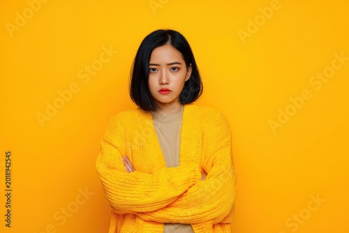 Upset young woman with arms crossed against a bright yellow backdrop