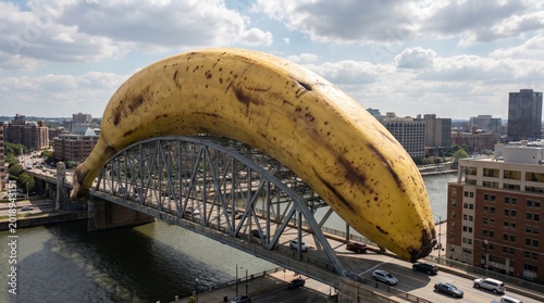 A surreal, giant banana resting on top of a steel arch bridge spanning a river in a city skyline