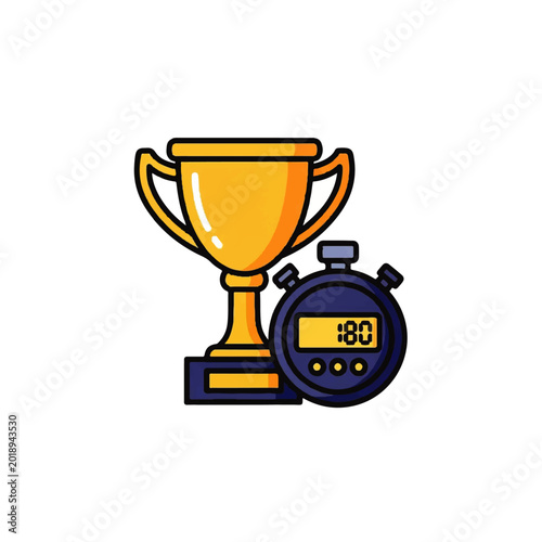 Golden trophy cup and digital stopwatch for sports achievement