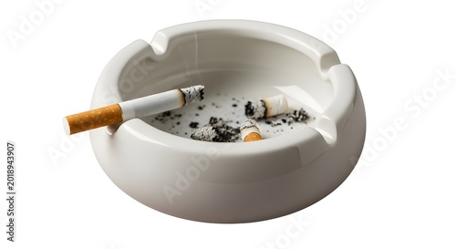White ceramic ashtray with cigarette butts and ash isolated on white background