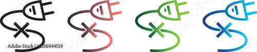 Photos Set of outline electric plug icons with cross symbol representing power disconnection, electrical error, and unplugged status in various gradient colors
