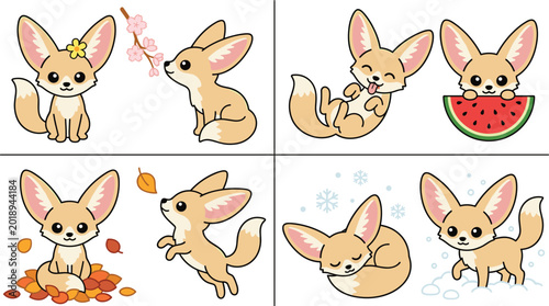 Canvastavla Fennec fox collection showcasing seasonal themes including spring blossoms, summer fruit, autumn leaves, and winter snow