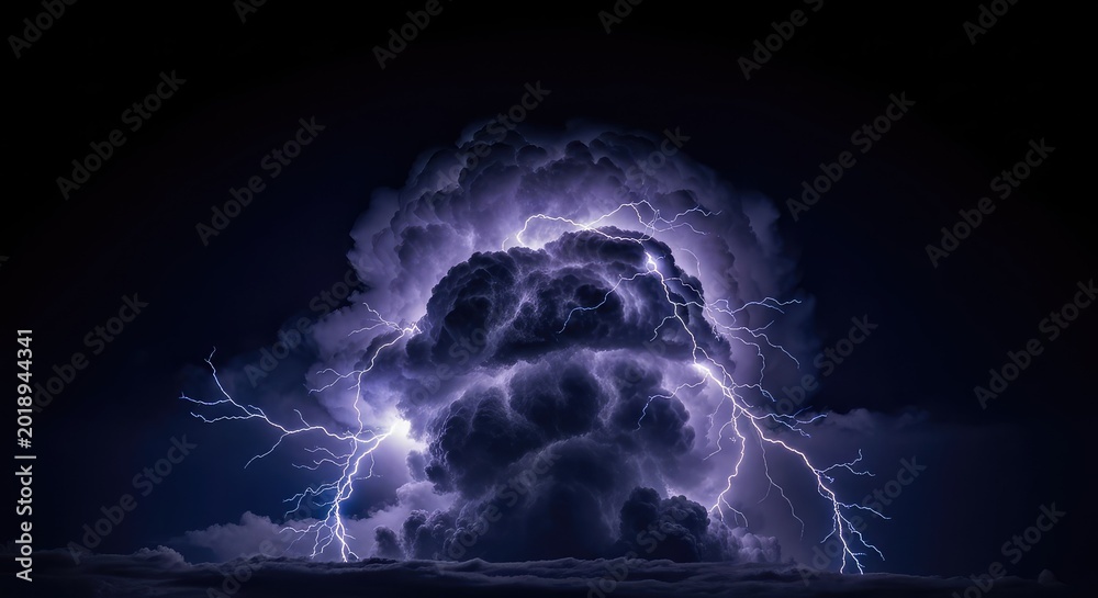 Obraz premium Sharp jagged lightning forks pierce the pitch black atmosphere while massive cumulonimbus formations swell with energy in a violent storm, wild, landscape, strike