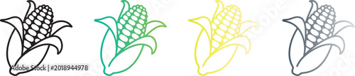 Foto Set of outline corn cob icons with husks in black and colorful gradients representing fresh harvest, agriculture, and organic sweet corn symbols