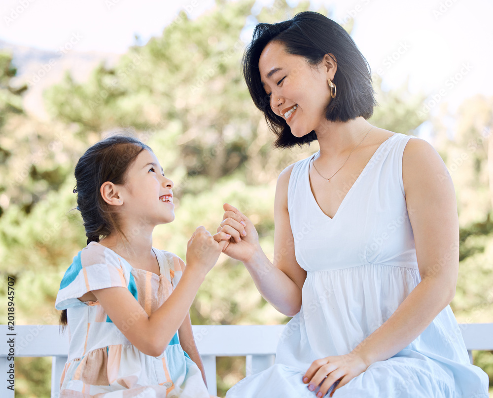 Fototapeta premium Pinky promise, mother or girl outdoor with smile, healthy relationship or trust in childcare. Happy, support or family with loyalty symbol, commitment or emotional connection in child development.